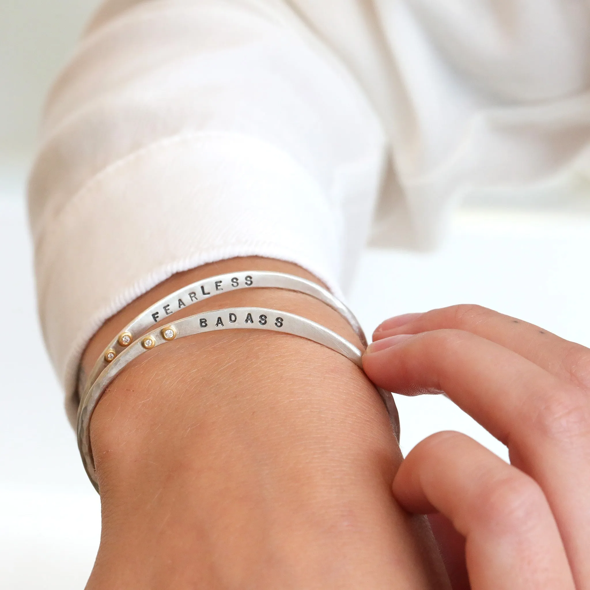 Sterling Silver "Fearless" Cuff with Diamonds