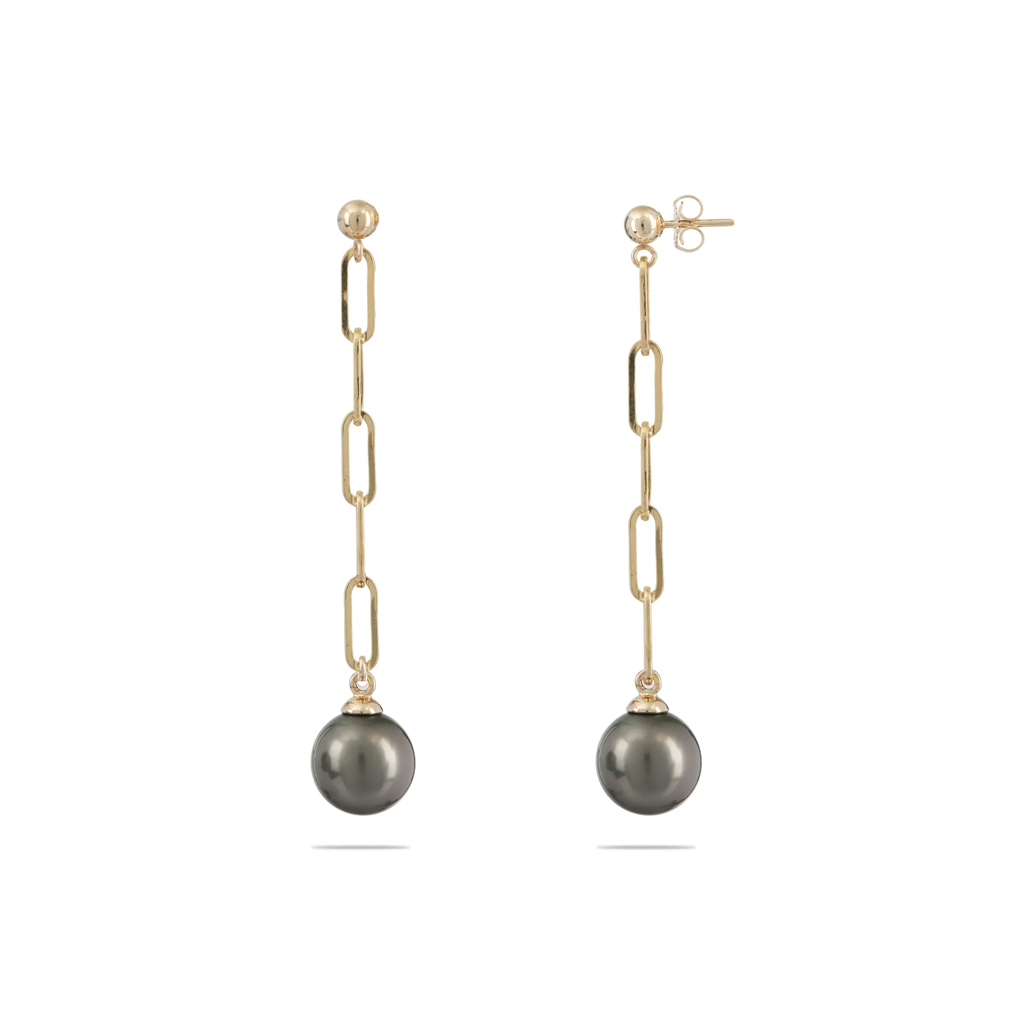 Tahitian Black Pearl Paperclip Chain Earrings in Gold - 10-11mm