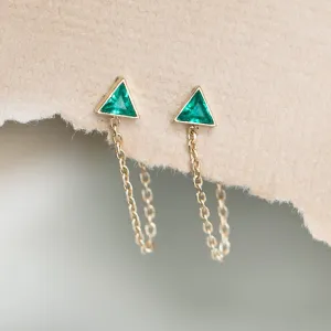The Emerald Trillion Chain Hoop Earrings | 14K Yellow Gold
