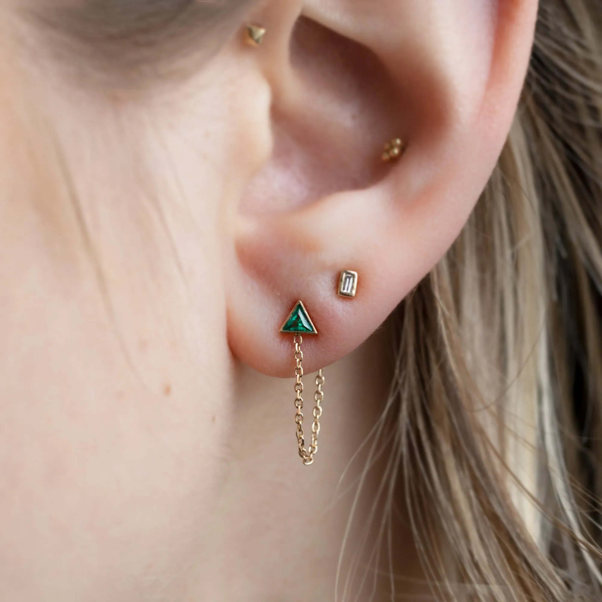 The Emerald Trillion Chain Hoop Earrings | 14K Yellow Gold