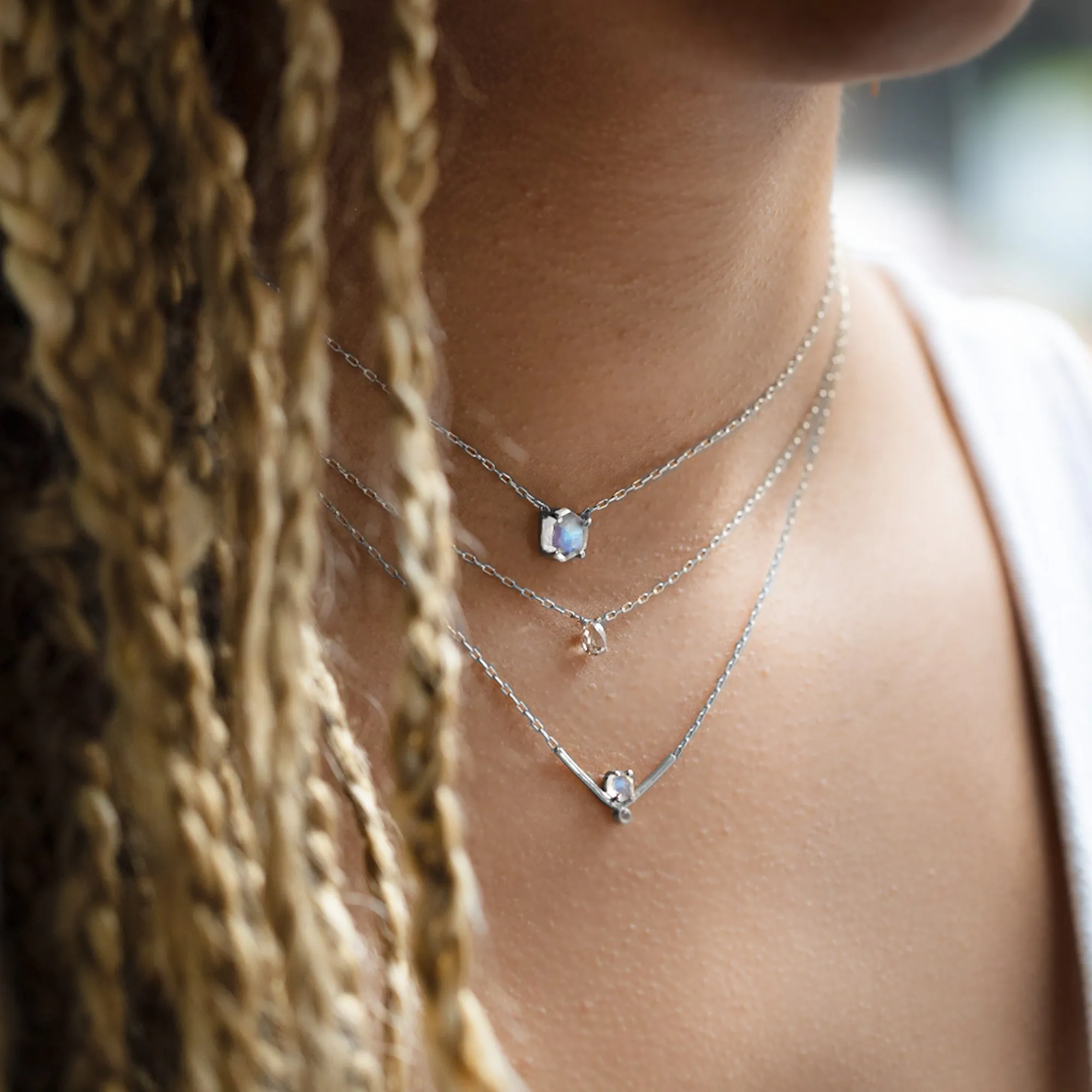The Hexagon Moonstone   Diamond Necklace | Sterling Silver