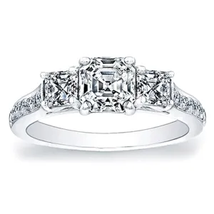 Three Stone Asscher Cut Diamond Ring w/ Pave Accents