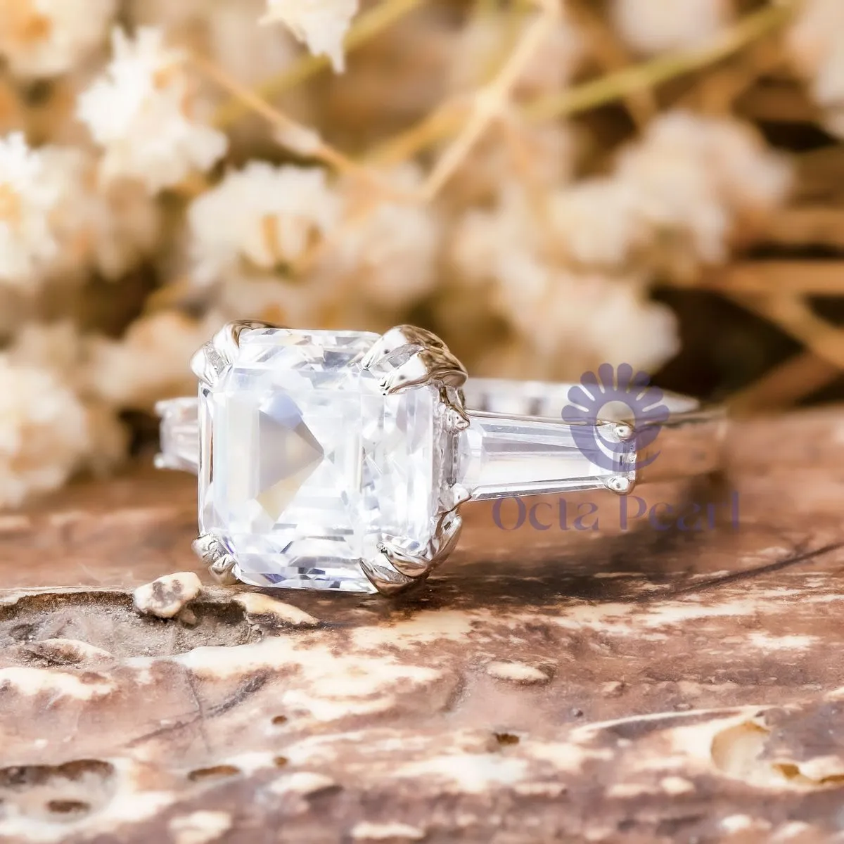 Three Stone Past Present Future Ring Asscher Cut