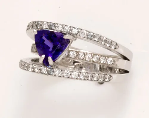 Trilliant Tanzanite Ring with Blue Violet Exceptional Color Designed by Christopher Michael