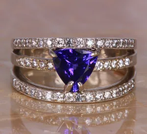 Trilliant Tanzanite Ring with Blue Violet Exceptional Color Designed by Christopher Michael