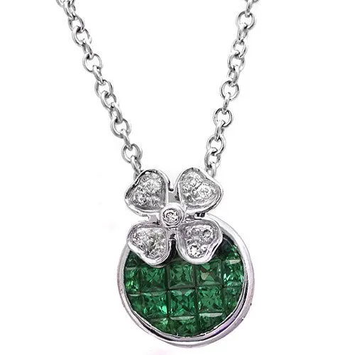 Tsavorite & Diamond  Flower Pendant Necklace, 18k White Gold