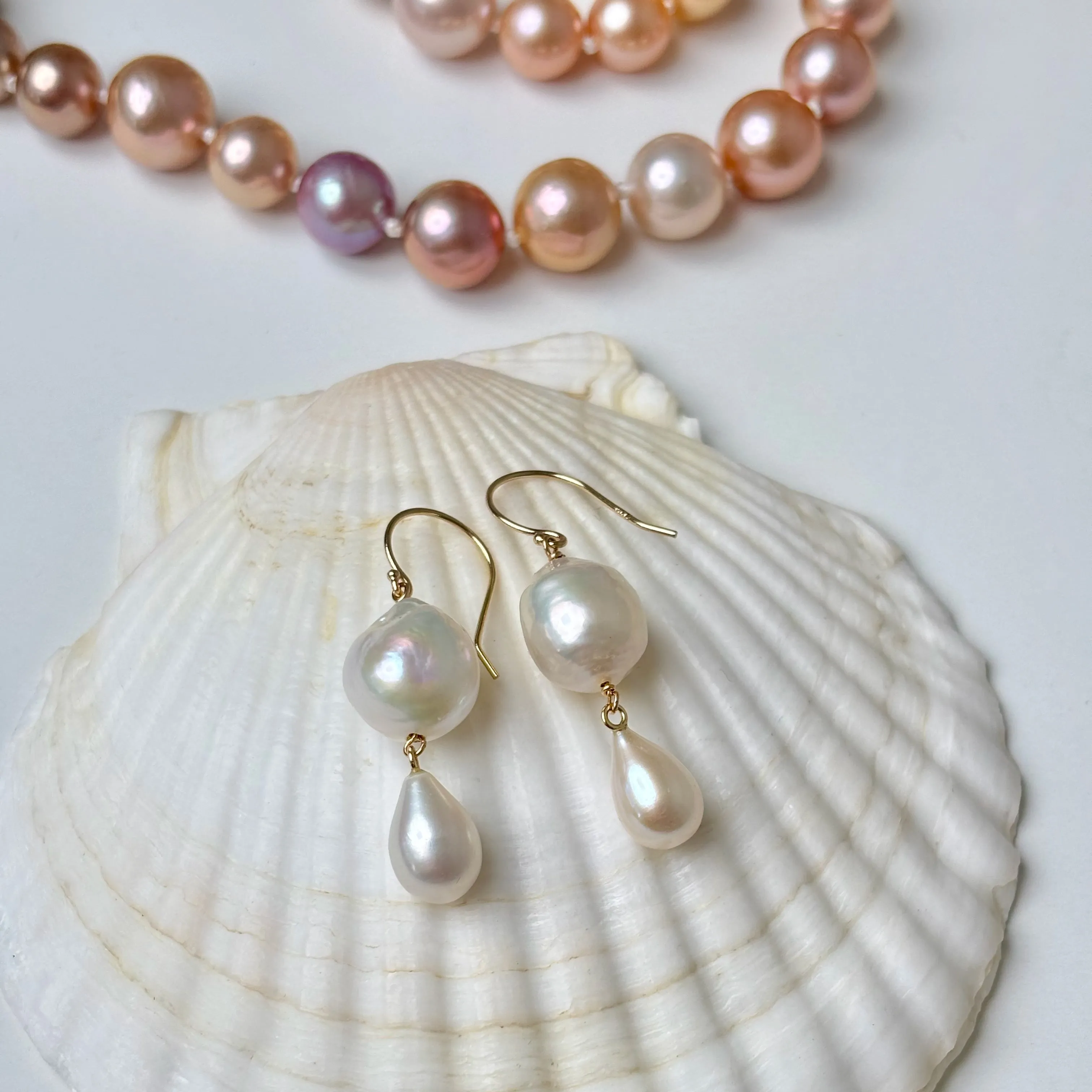 two tiered white fresh water pearl earrings