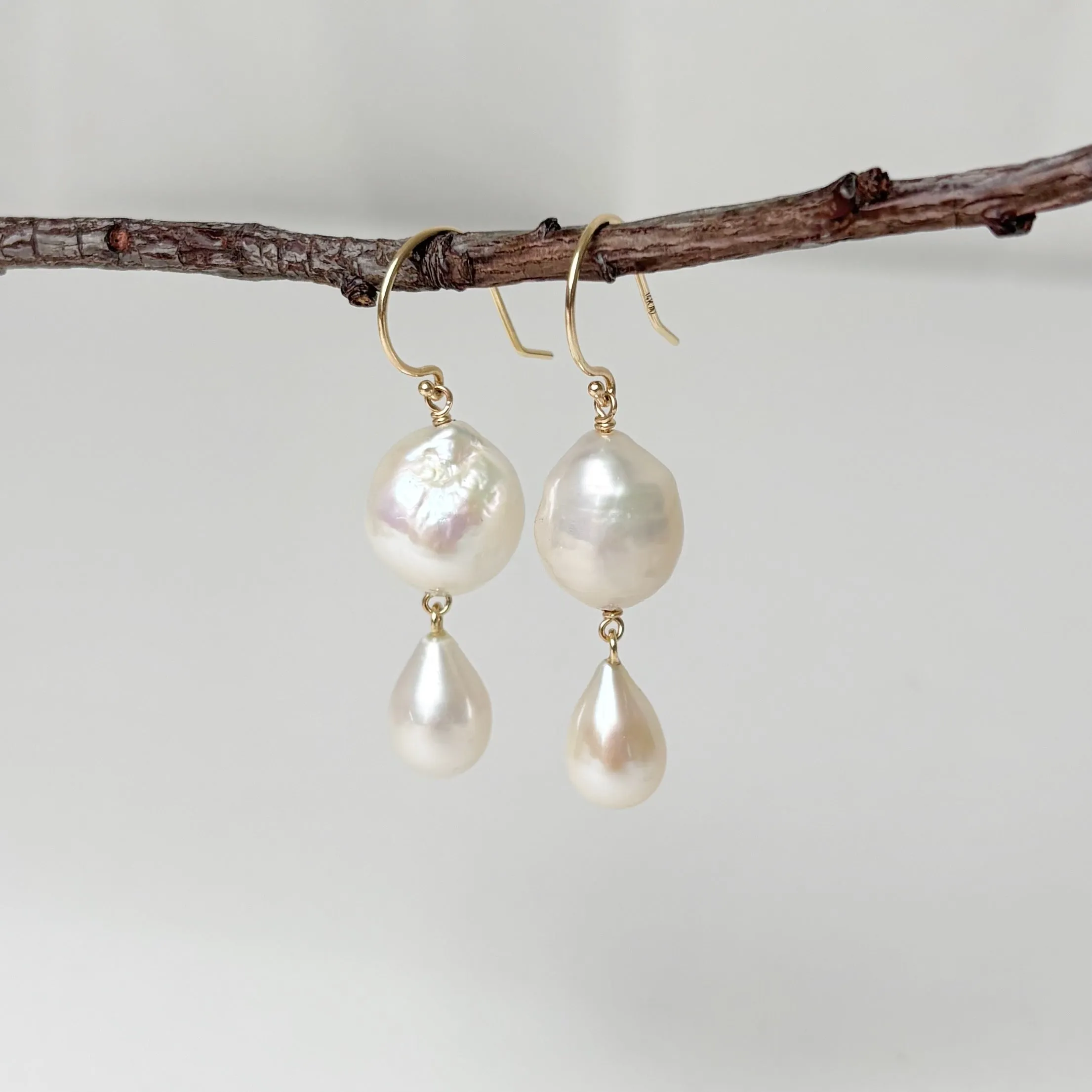 two tiered white fresh water pearl earrings
