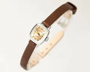 Unused wristwatch for women Sekonda vintage, micro watch rectangular minimalist, silver shade women watch classic, new genuine leather strap