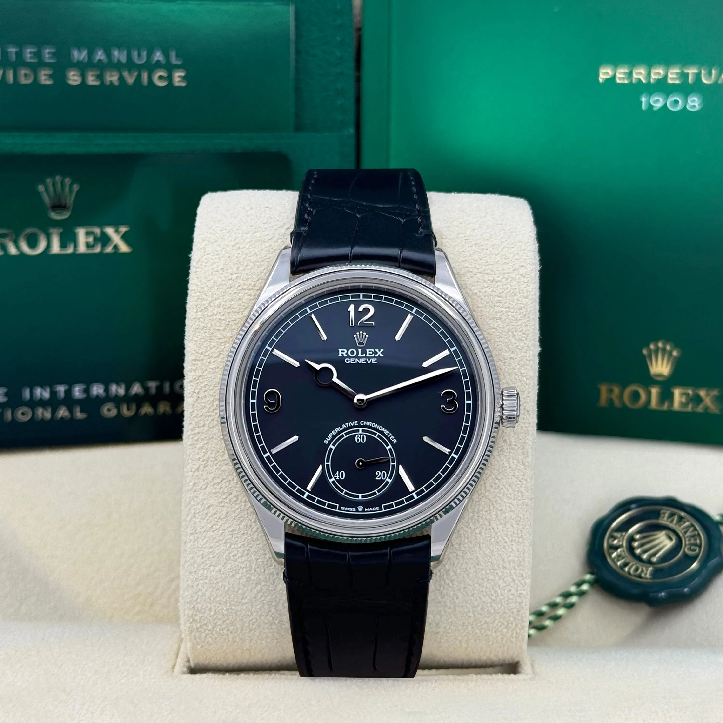 Unworn Rolex Perpetual 1908, 39mm, 18k White Gold, Ref# 52509-0002