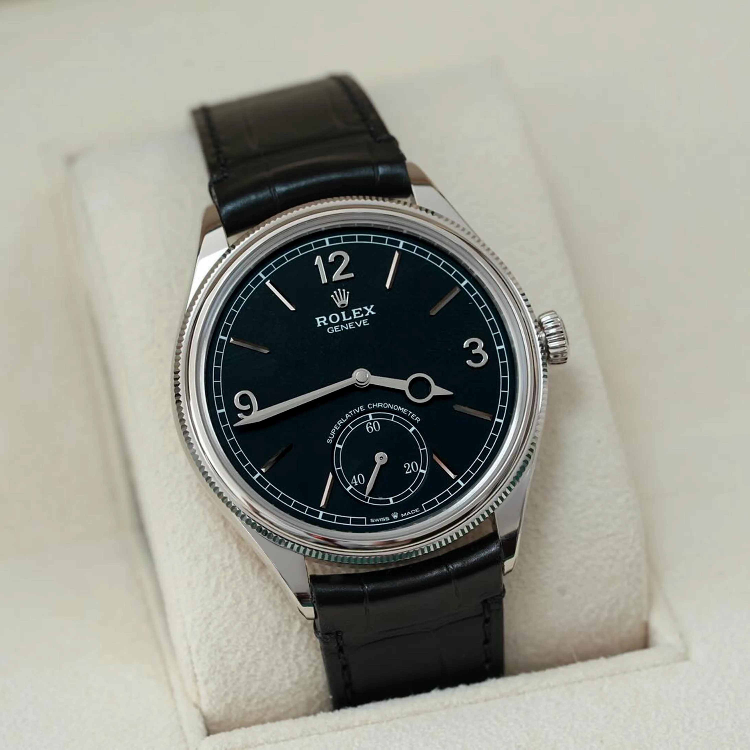 Unworn Rolex Perpetual 1908, 39mm, 18k White Gold, Ref# 52509-0002