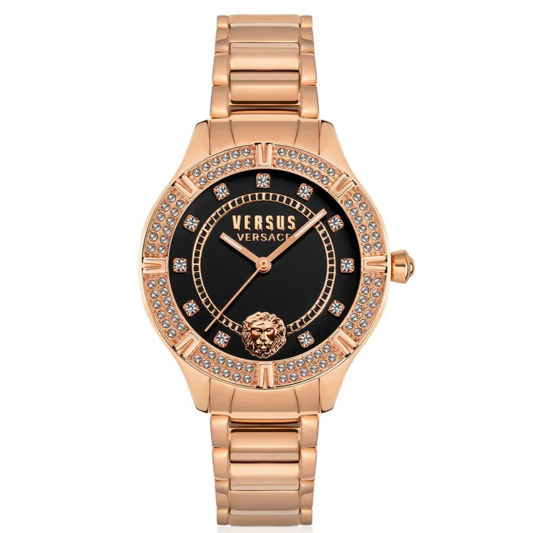 Versus Canton Road Ladies Black Dial Crystal Rose Gold Watch