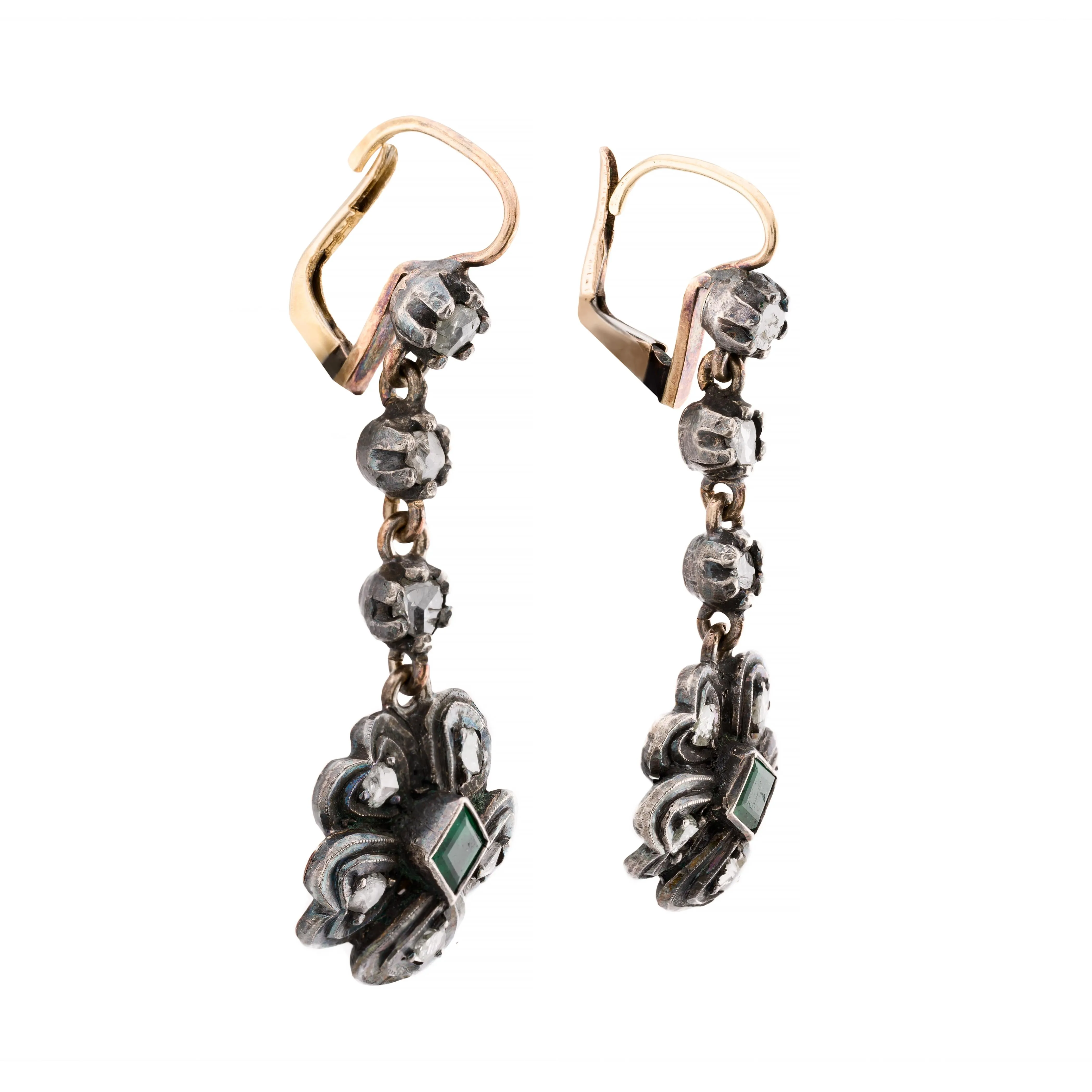 Victorian 1.04ctw Rose Cut Diamond & Emerald Flower Dangle Drop Earrings