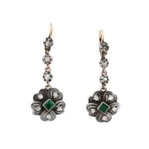 Victorian 1.04ctw Rose Cut Diamond & Emerald Flower Dangle Drop Earrings