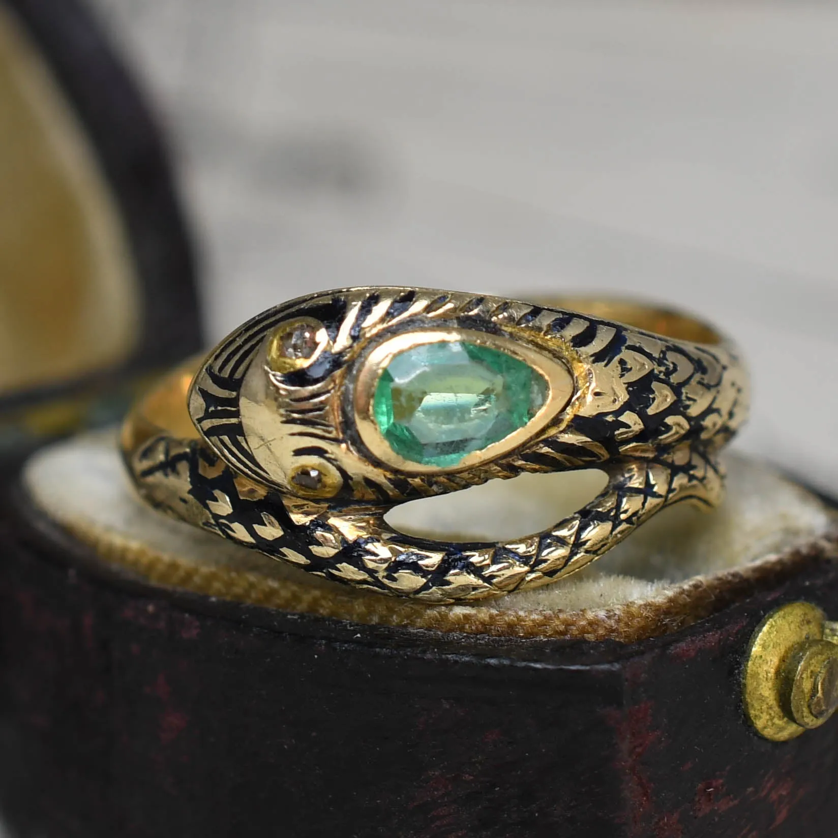 Victorian Emerald, Diamond & Enamel Snake Ring