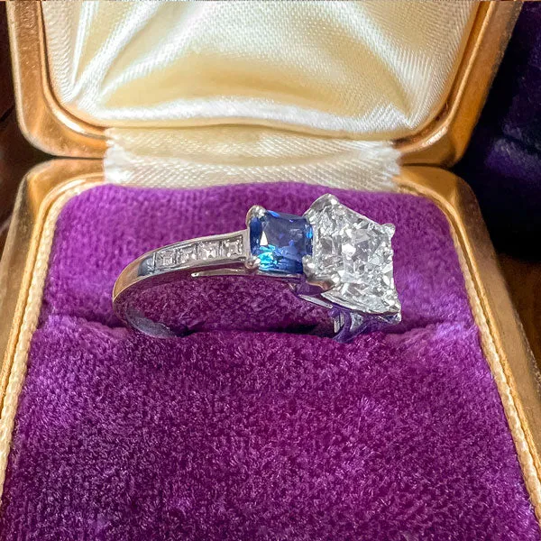 Vintage Diamond & Sapphire Engagement Ring, Cushion 1.94ct