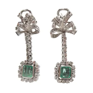 Vintage Emerald and Diamond Drop Earrings with Omega Backs in Palladium