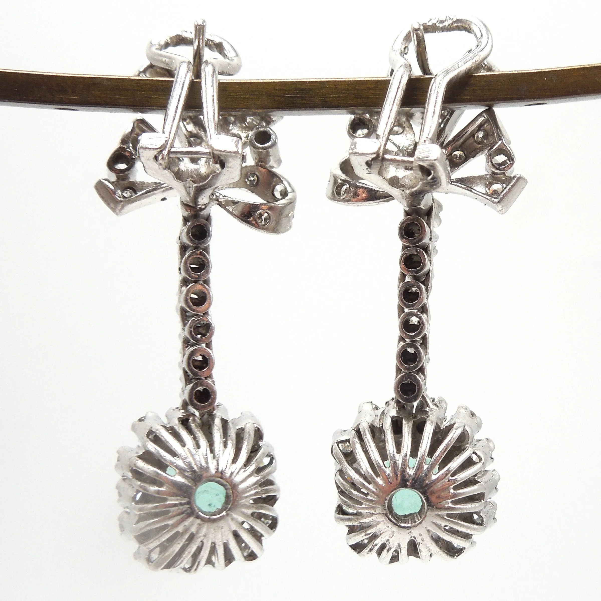 Vintage Emerald and Diamond Drop Earrings with Omega Backs in Palladium