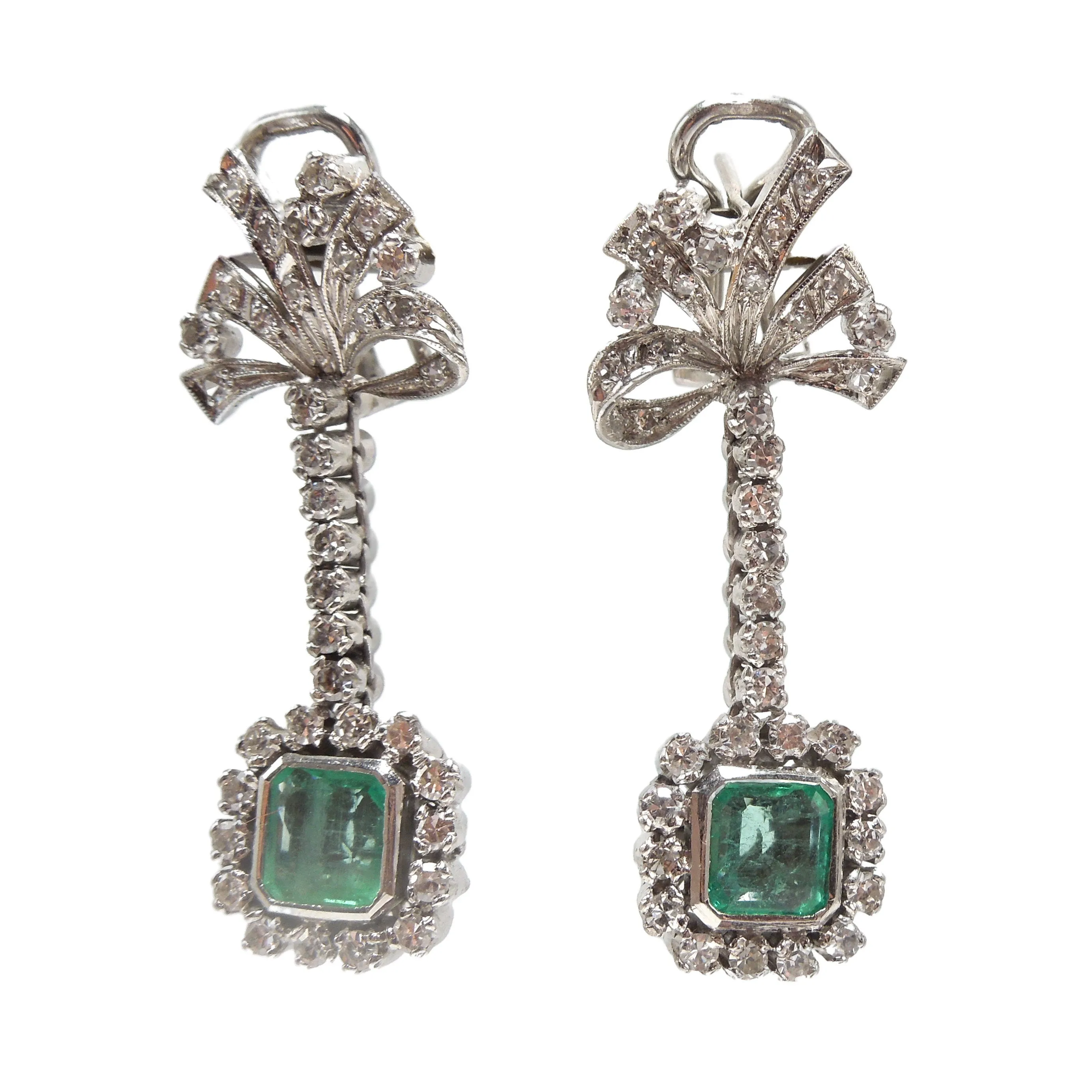 Vintage Emerald and Diamond Drop Earrings with Omega Backs in Palladium