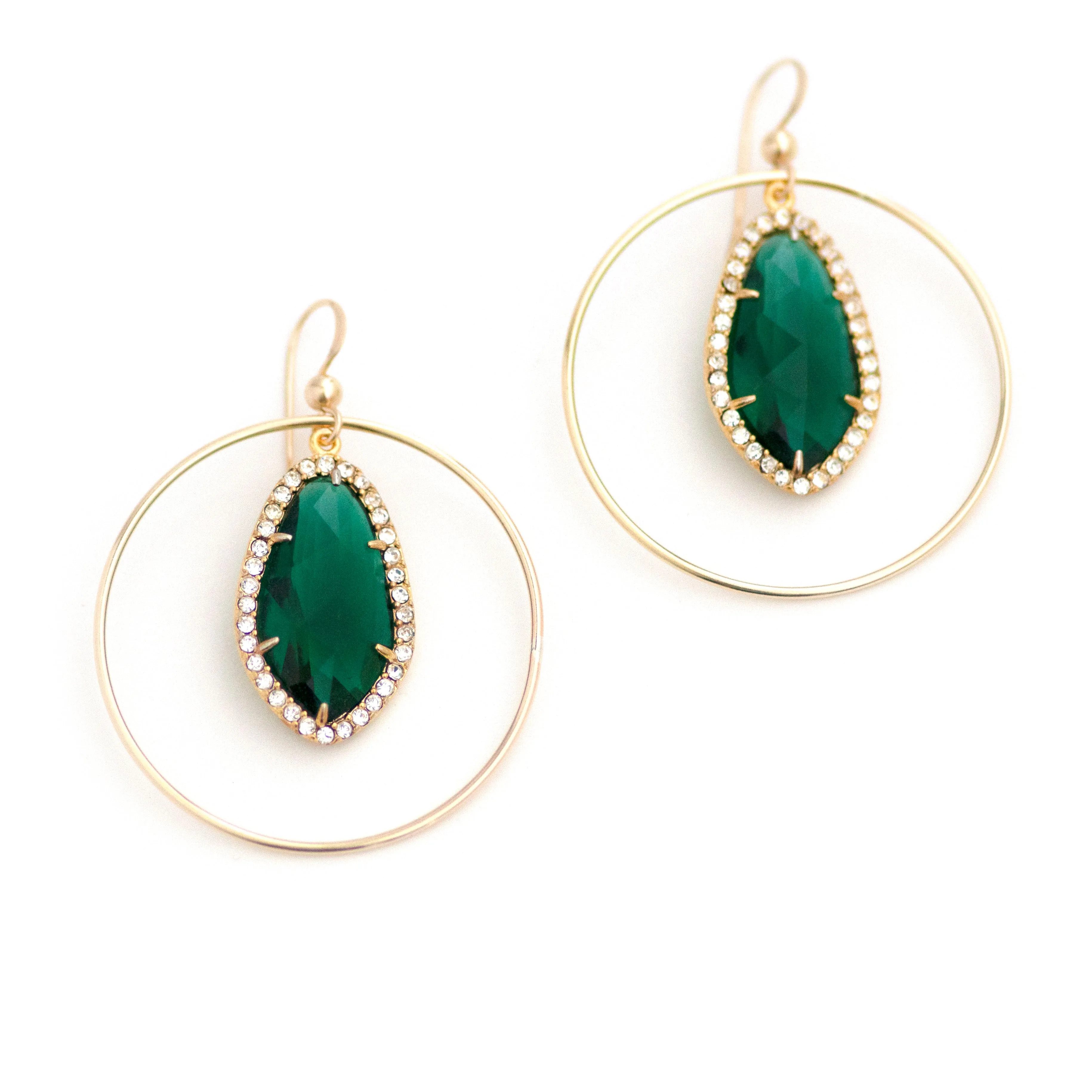 Vintage Emerald Green Rhinestone Drop Circle Earrings