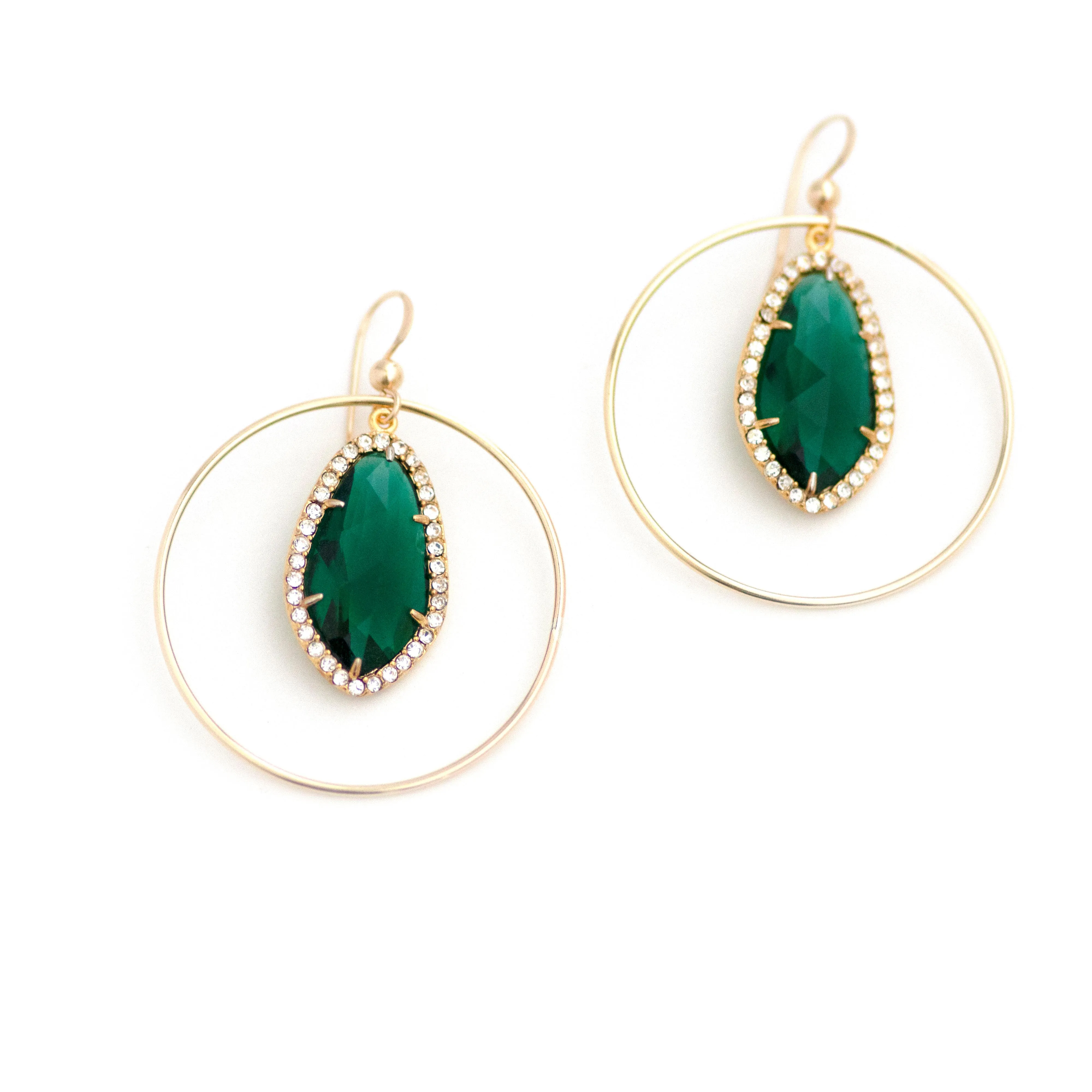 Vintage Emerald Green Rhinestone Drop Circle Earrings