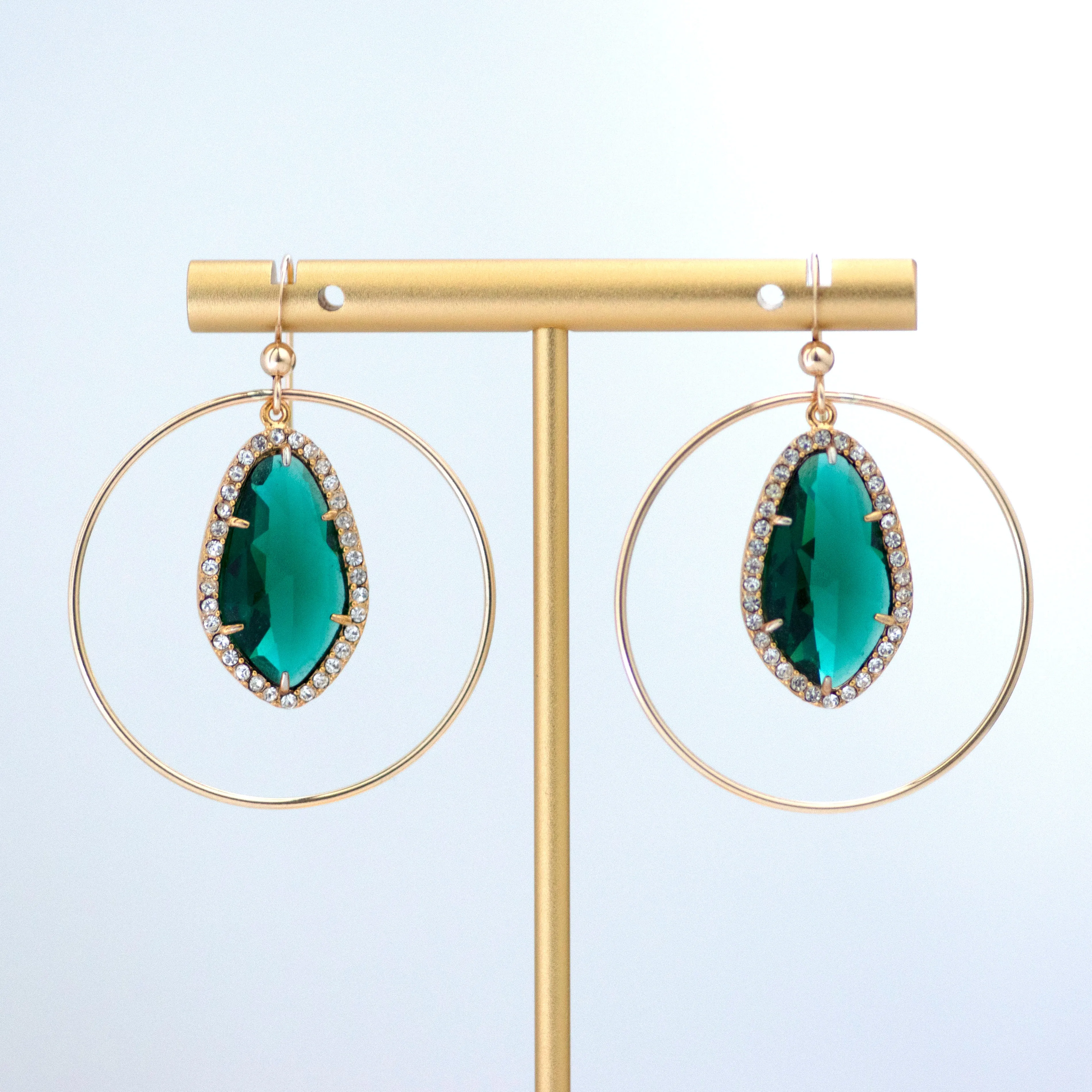 Vintage Emerald Green Rhinestone Drop Circle Earrings