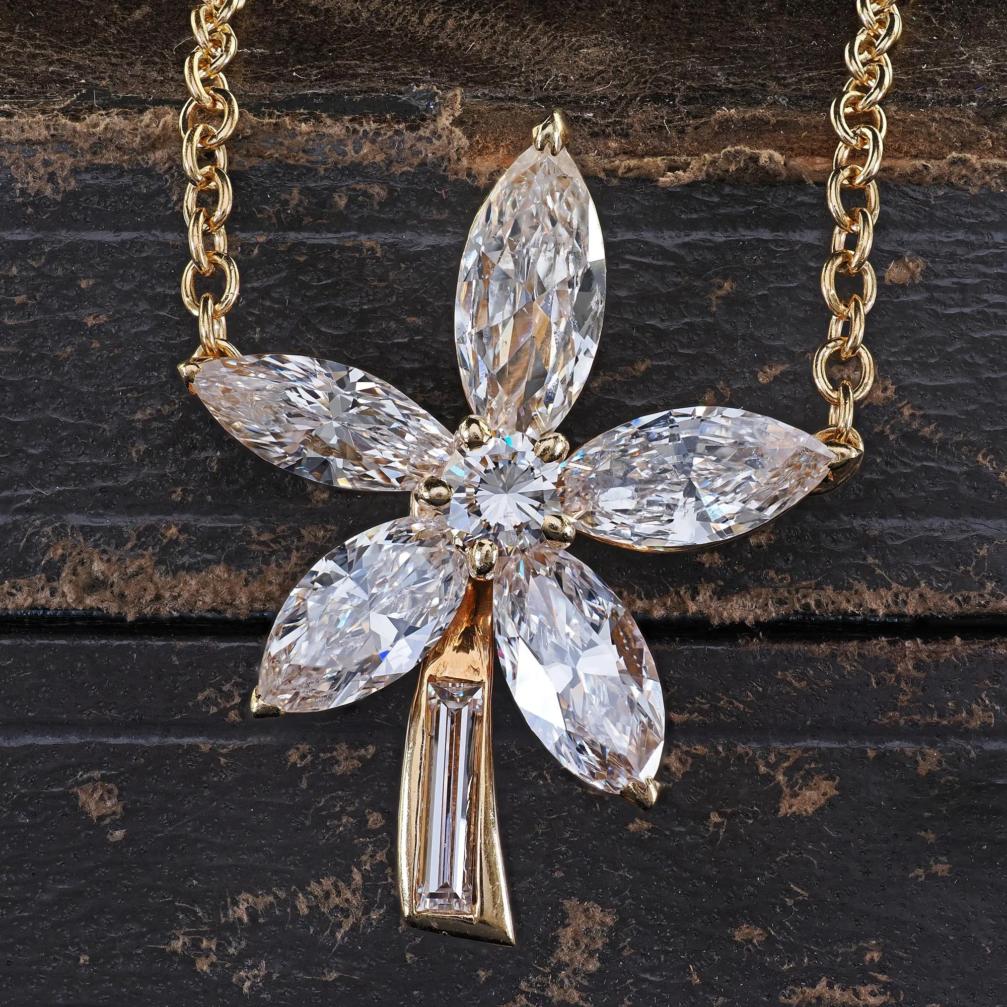 Vintage Estate 18K Yellow Gold Marquise Baguette Diamond Flower Pendant Necklace