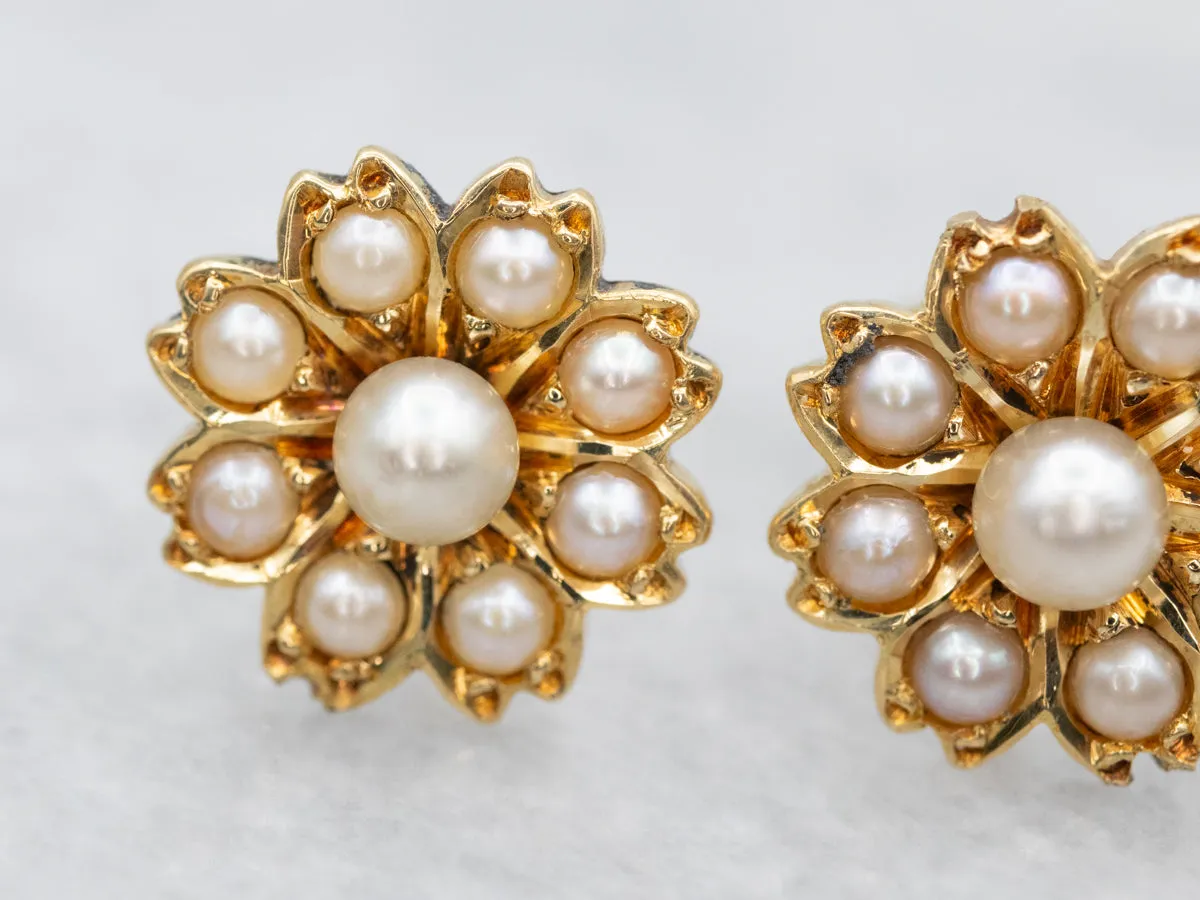 Vintage Gold Seed Pearl Floral Stud Earrings