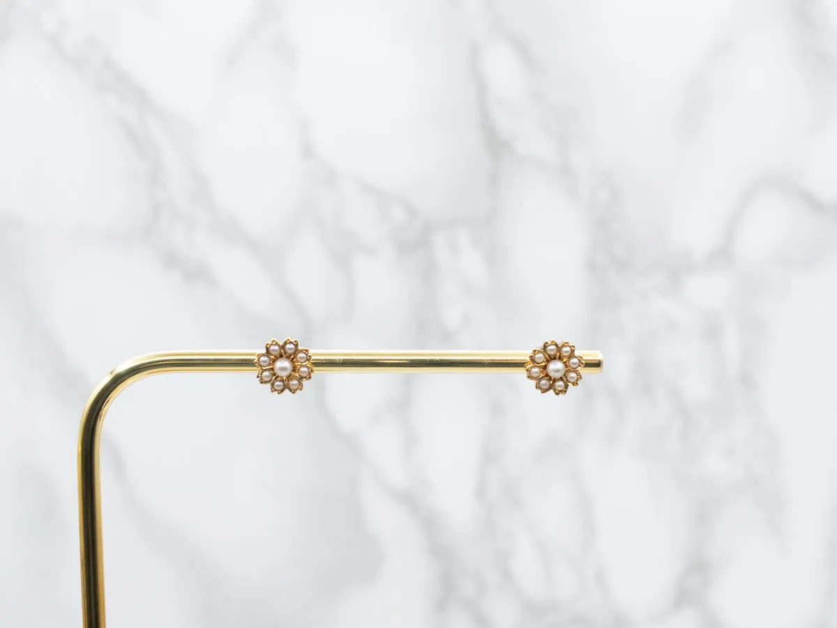 Vintage Gold Seed Pearl Floral Stud Earrings