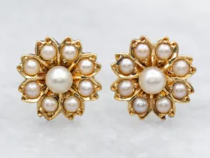 Vintage Gold Seed Pearl Floral Stud Earrings