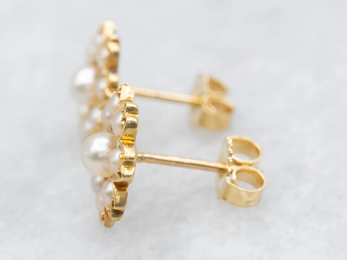 Vintage Gold Seed Pearl Floral Stud Earrings