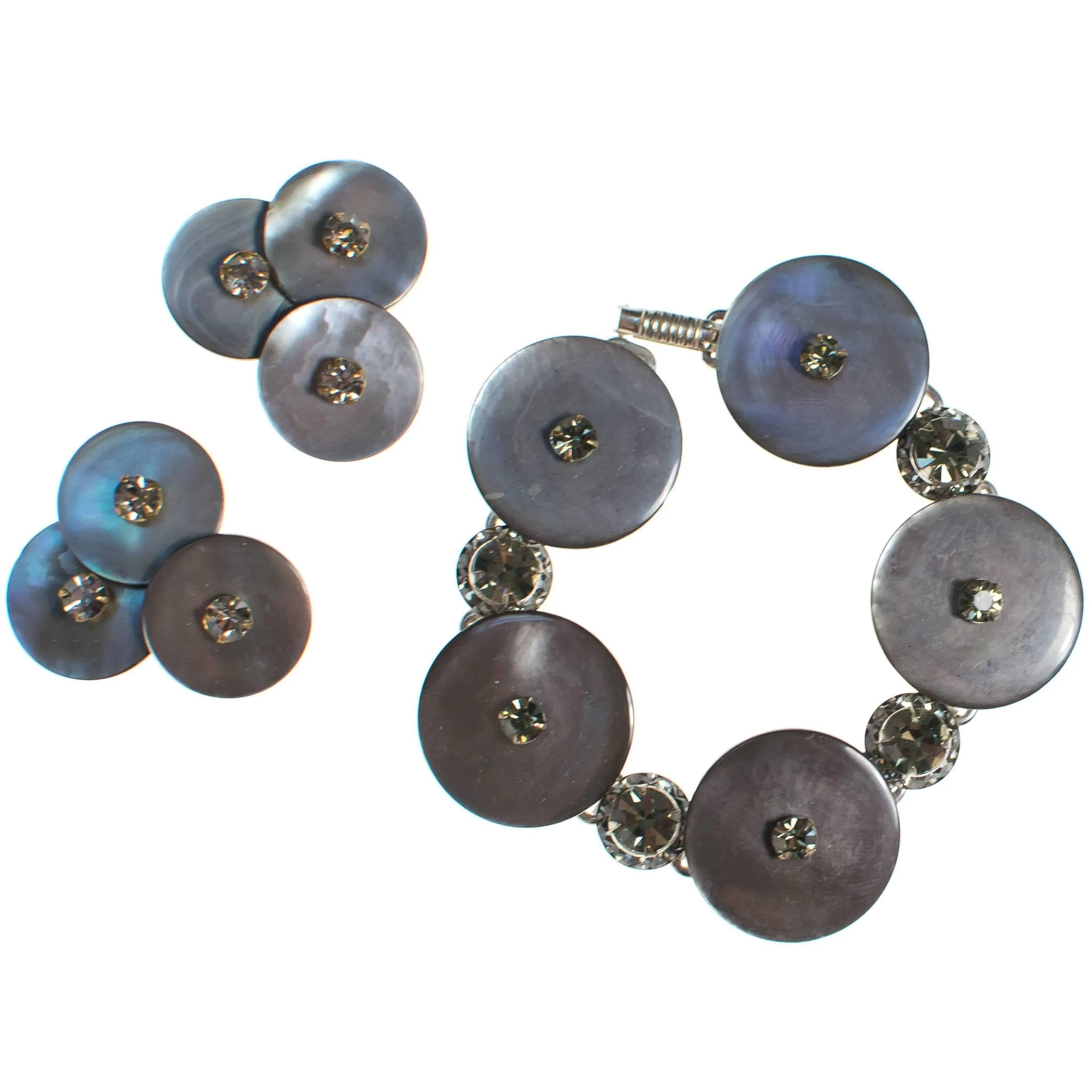 Vintage Gray Mother of Pearl and Smoke Crystal Earrings