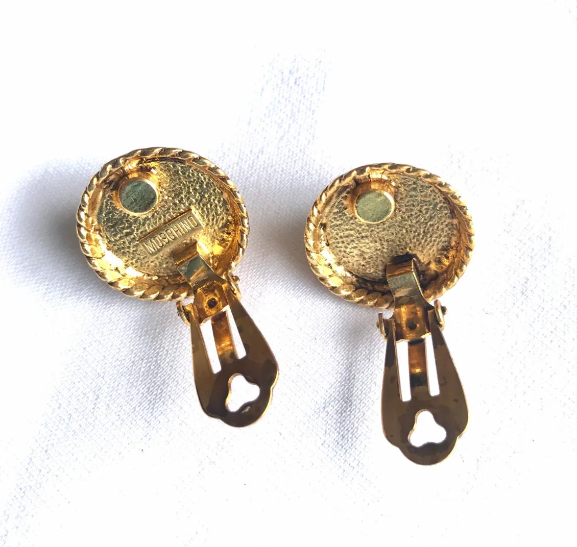 Vintage MOSCHINO golden frame earrings with opal shiny pearls. Rare jewelry masterpiece. Great gift idea. 060724r2