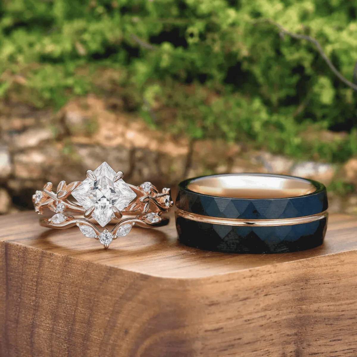Vintage Princess Cut Moissanite Engagement Leaf Ring Set Matching Black Tungsten Couples Ring