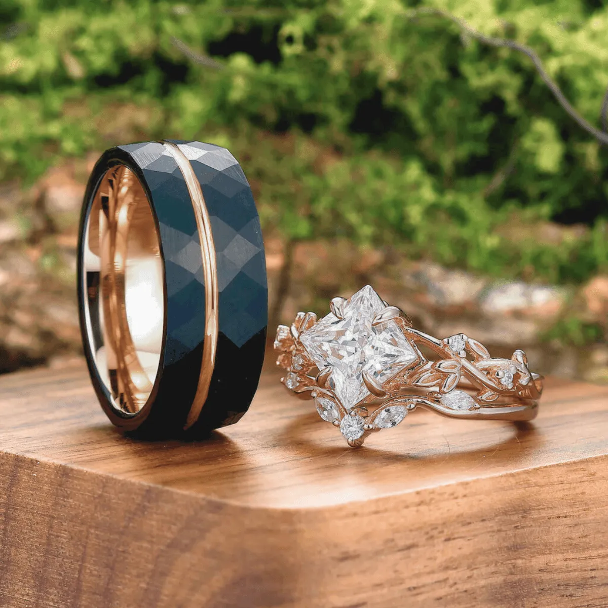 Vintage Princess Cut Moissanite Engagement Leaf Ring Set Matching Black Tungsten Couples Ring