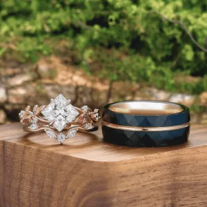 Vintage Princess Cut Moissanite Engagement Leaf Ring Set Matching Black Tungsten Couples Ring