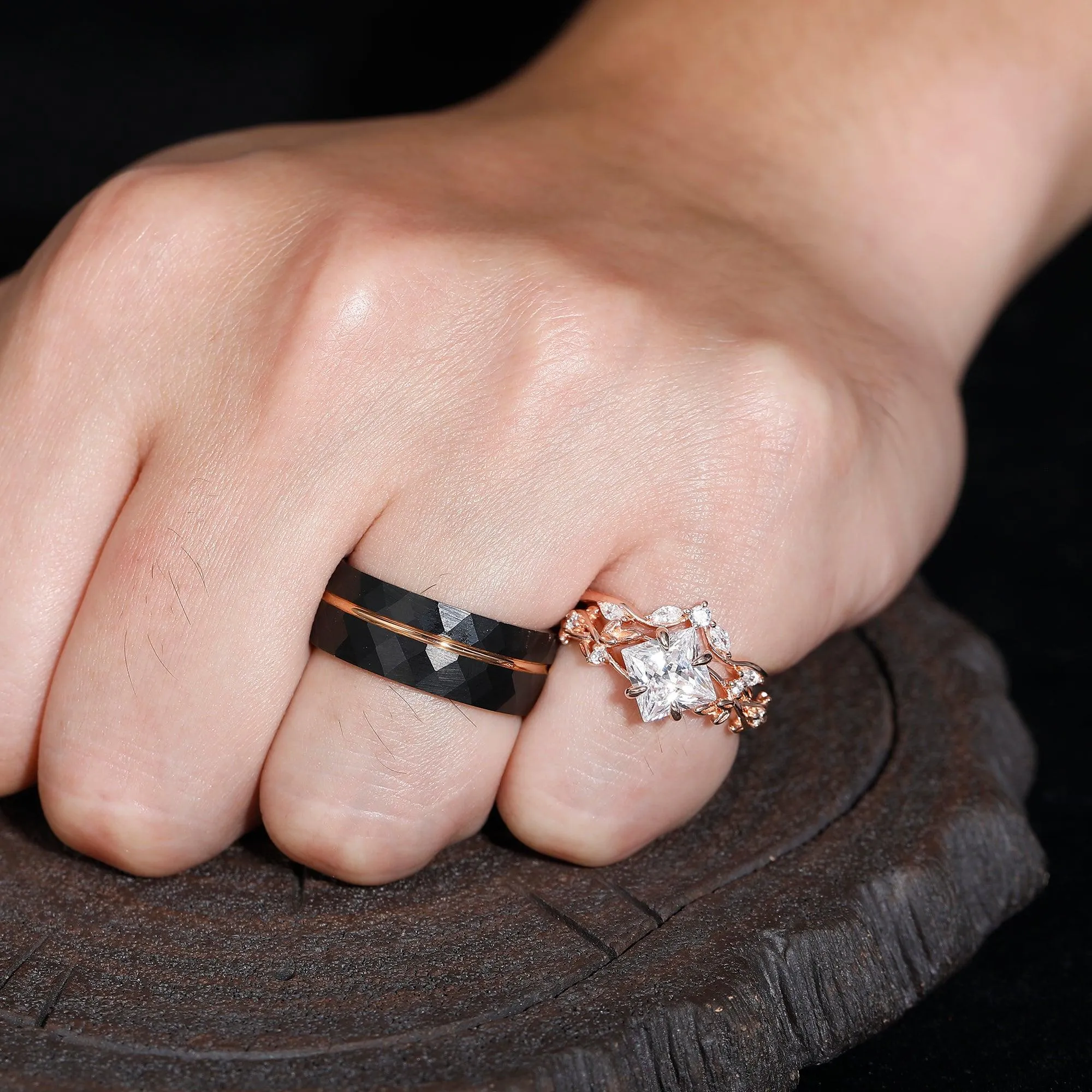 Vintage Princess Cut Moissanite Engagement Leaf Ring Set Matching Black Tungsten Couples Ring