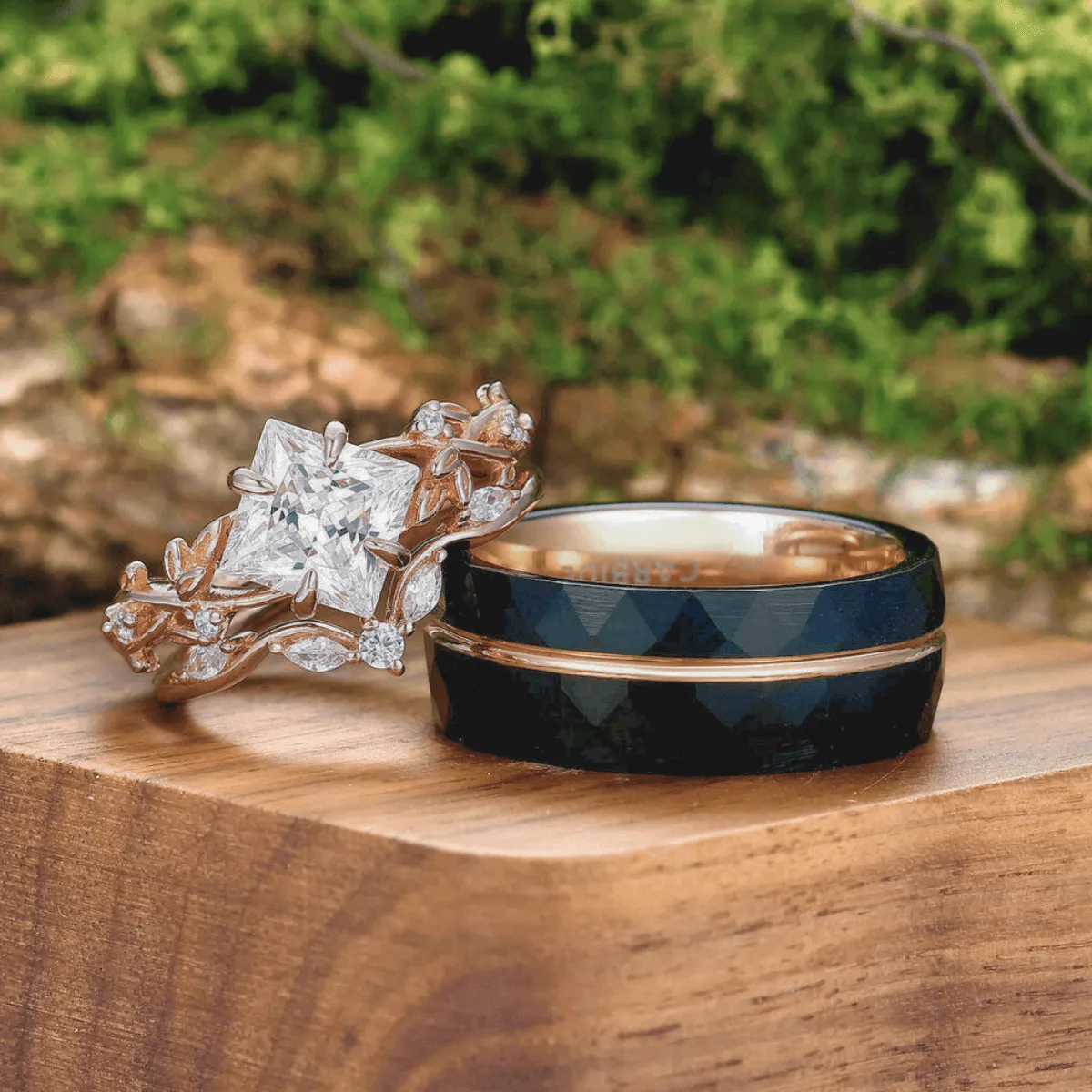 Vintage Princess Cut Moissanite Engagement Leaf Ring Set Matching Black Tungsten Couples Ring