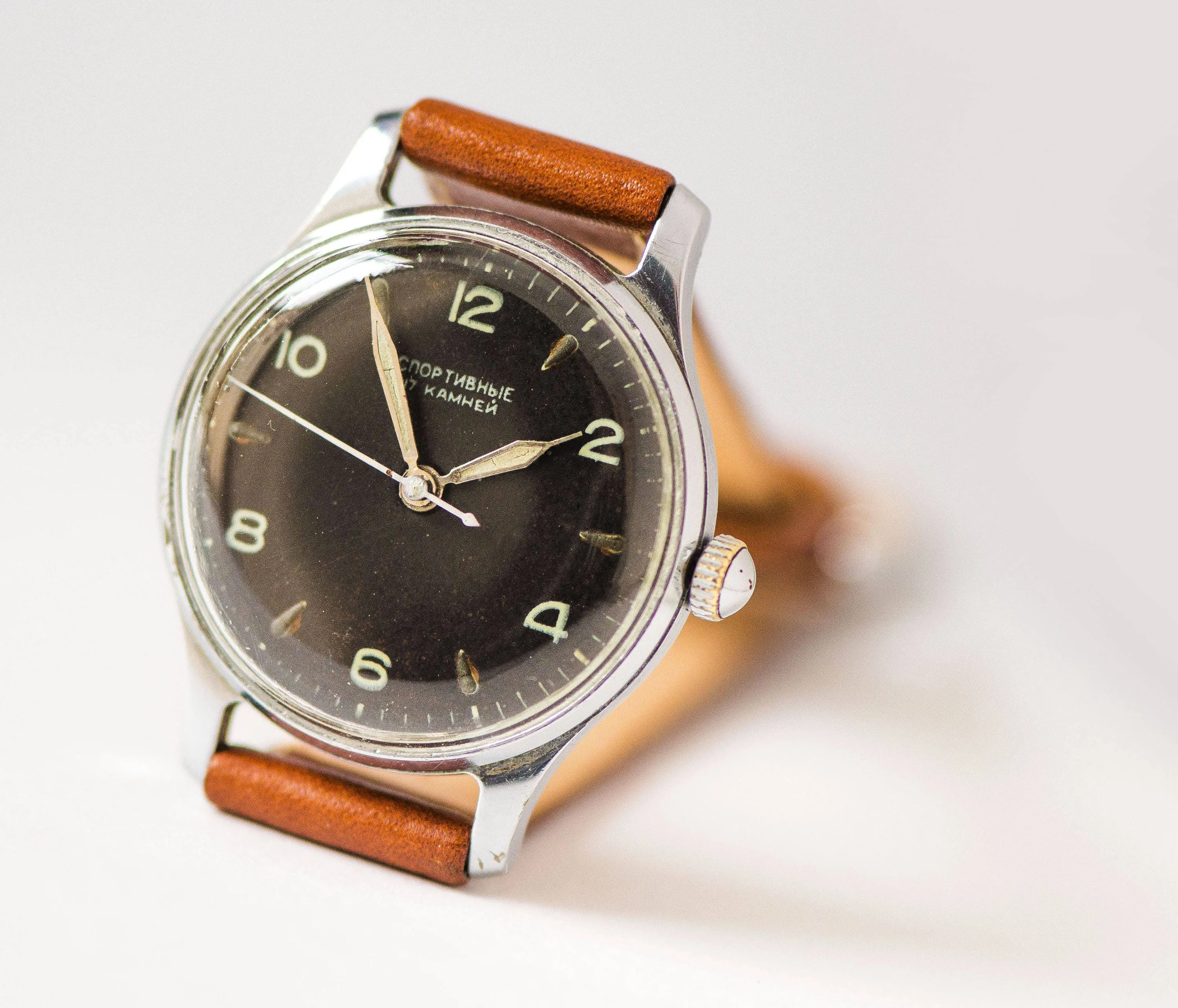Vintage unisex Soviet watch Sportivnyje, black face watch rare, classic boyfriend watch 50s, tomboy watch gift new genuine leather strap