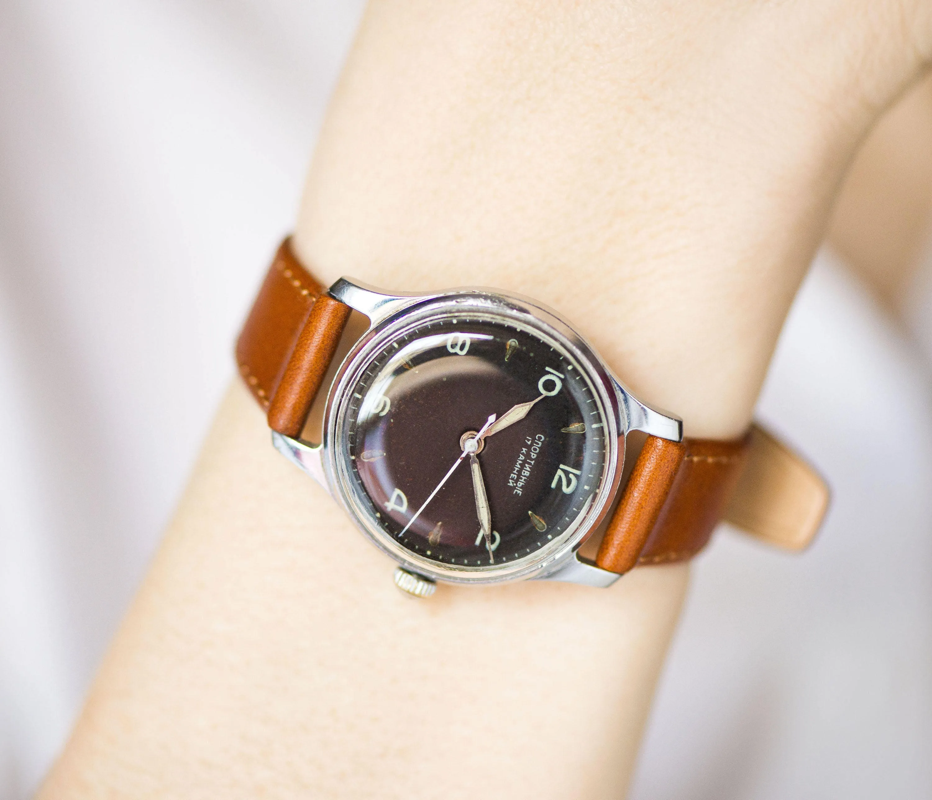 Vintage unisex Soviet watch Sportivnyje, black face watch rare, classic boyfriend watch 50s, tomboy watch gift new genuine leather strap