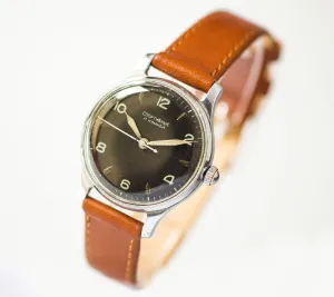 Vintage unisex Soviet watch Sportivnyje, black face watch rare, classic boyfriend watch 50s, tomboy watch gift new genuine leather strap