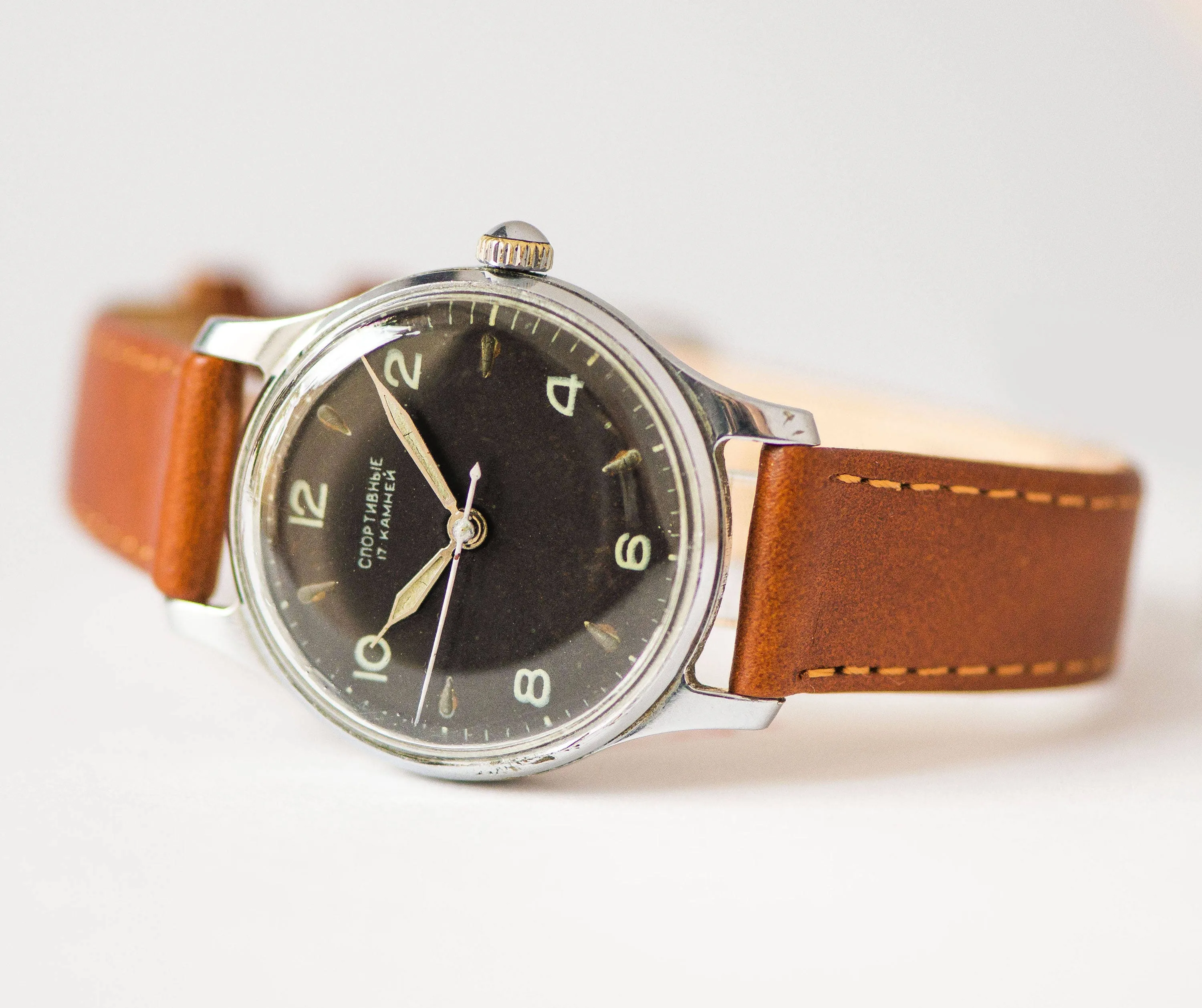Vintage unisex Soviet watch Sportivnyje, black face watch rare, classic boyfriend watch 50s, tomboy watch gift new genuine leather strap