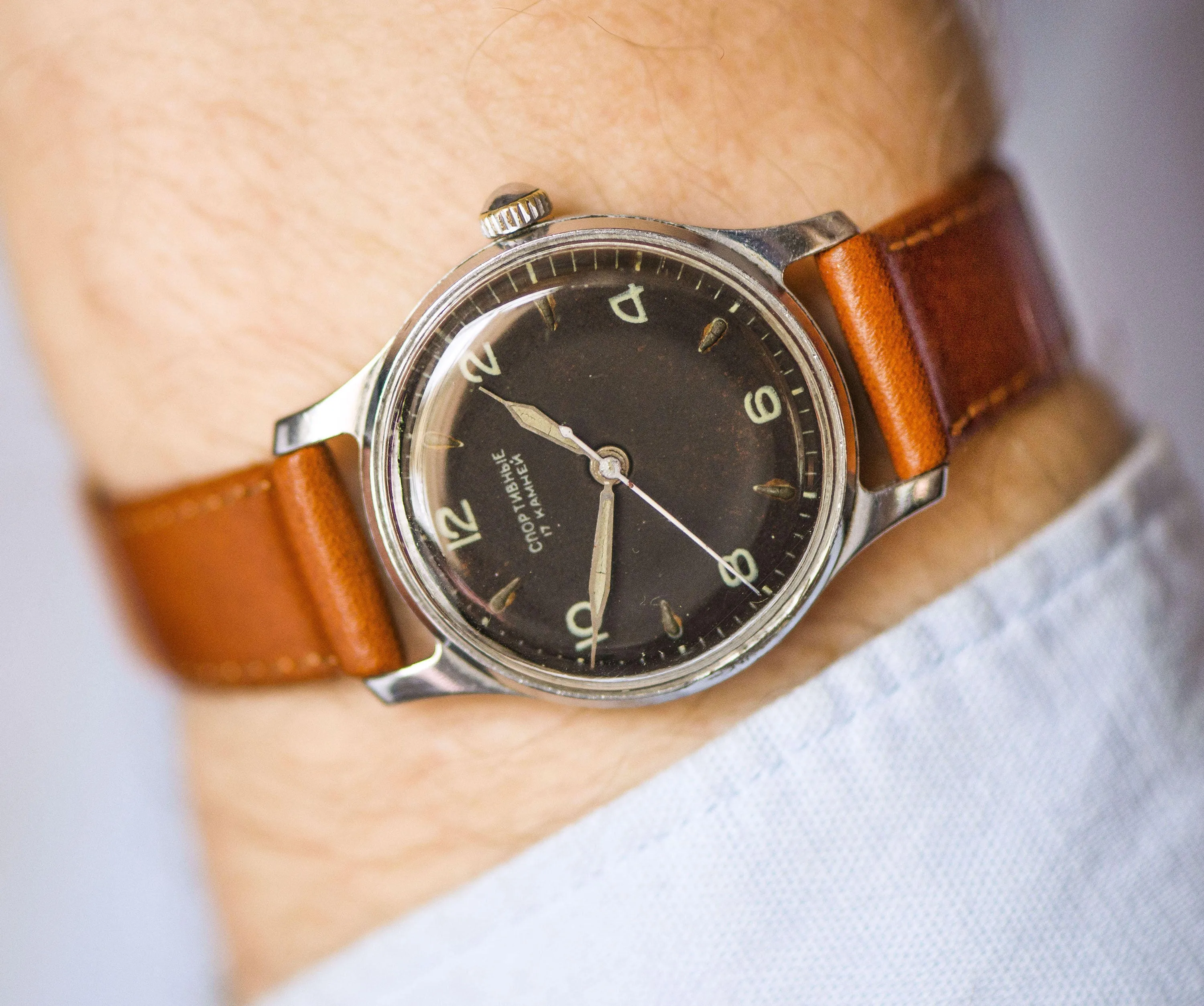 Vintage unisex Soviet watch Sportivnyje, black face watch rare, classic boyfriend watch 50s, tomboy watch gift new genuine leather strap