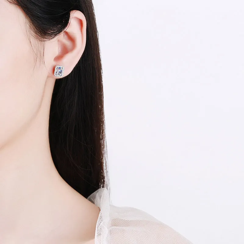 Wedding Earrings Rectangle Moissanite Diamonds Stud Earrings-EM006