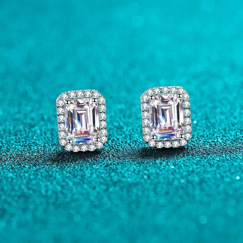 Wedding Earrings Rectangle Moissanite Diamonds Stud Earrings-EM006