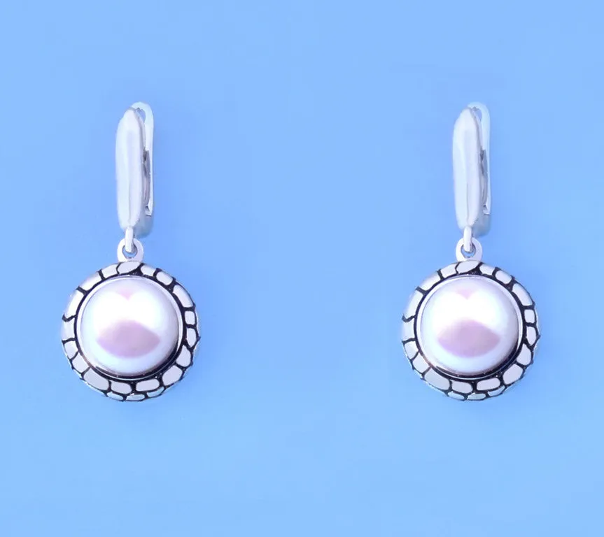White and Black Plated Silver Earrings with 8-8.5mm Button Shape Freshwater Pearl