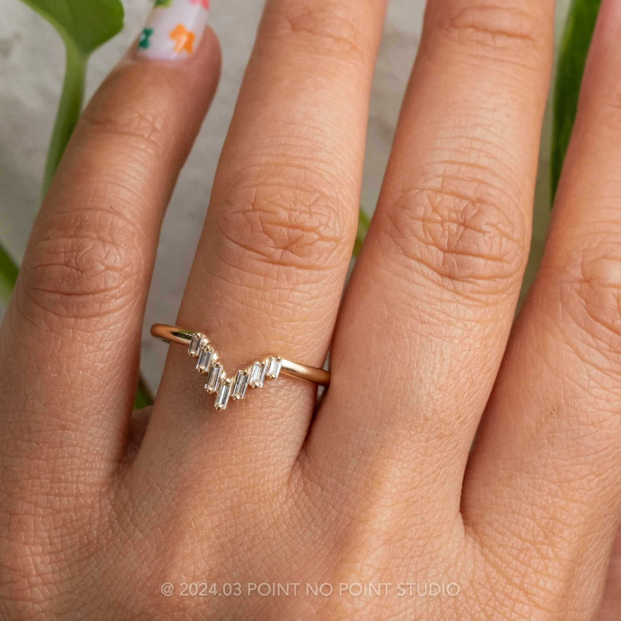 White Baguette Diamond Wedding Band, Juniper Setting, 14K Yellow Gold