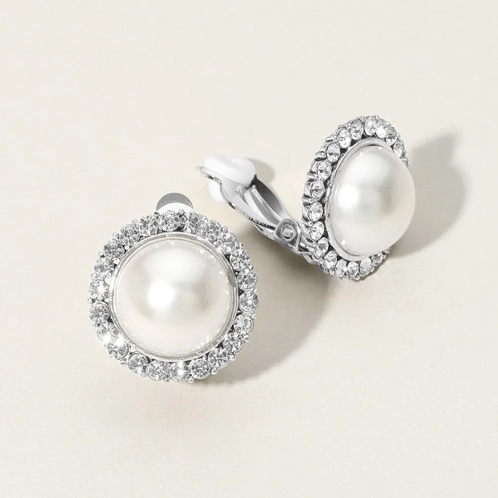 White Pearl Surrounded by Clear Crystal Stones Clip On Pageant Earrings on Silver | Pearl Clip On Earrings |  617067