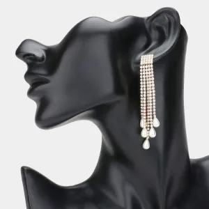 White Pearls Dripping from Rhinestone Fringe Evening Earrings on Gold | Headshot Earrings |  627856