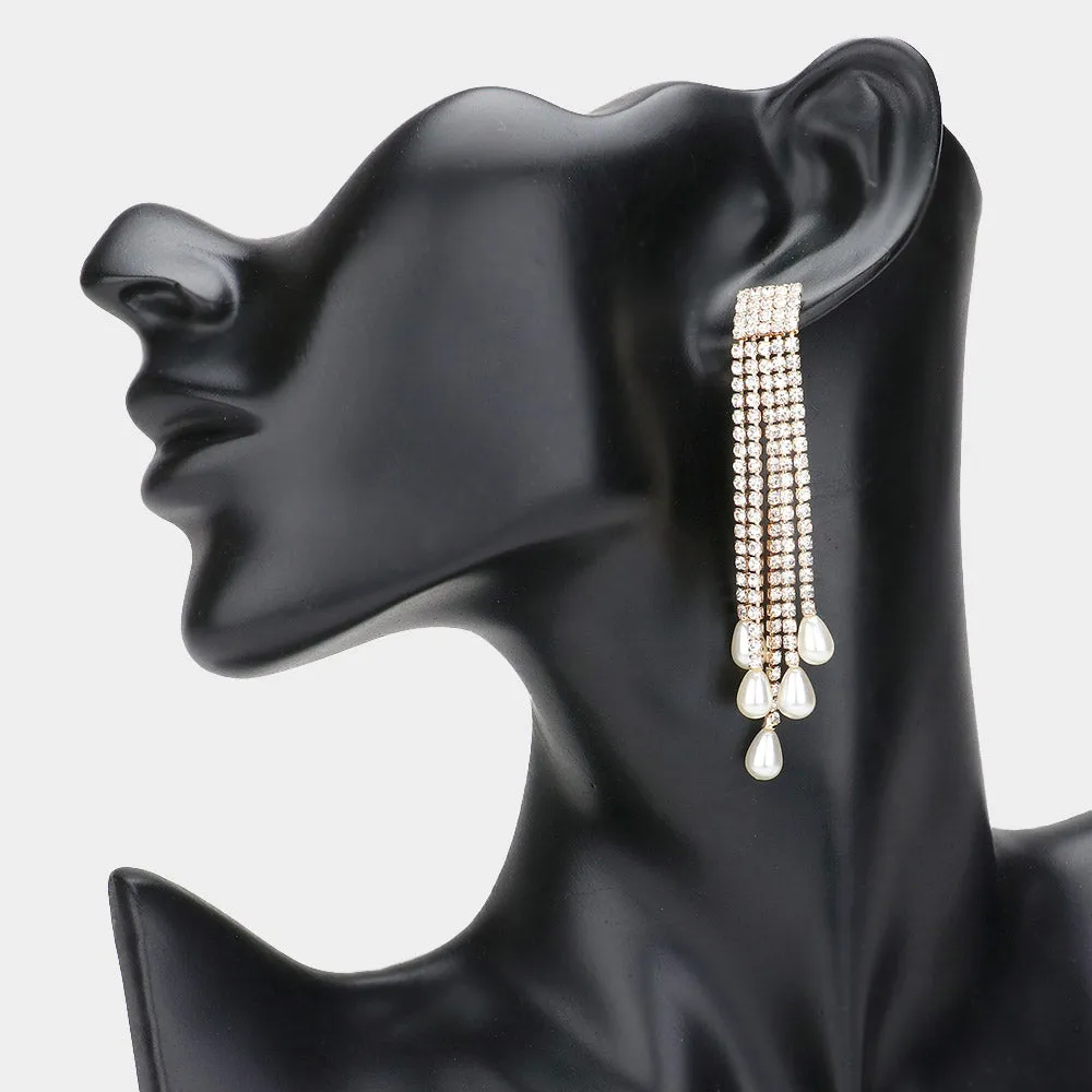 White Pearls Dripping from Rhinestone Fringe Evening Earrings on Gold | Headshot Earrings |  627856